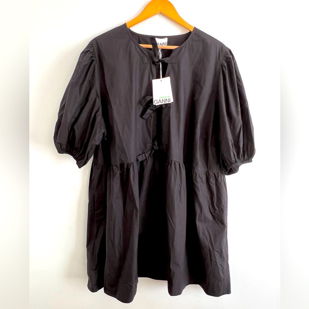 GANNI Black Cotton Poplin Tie String Mini Dress